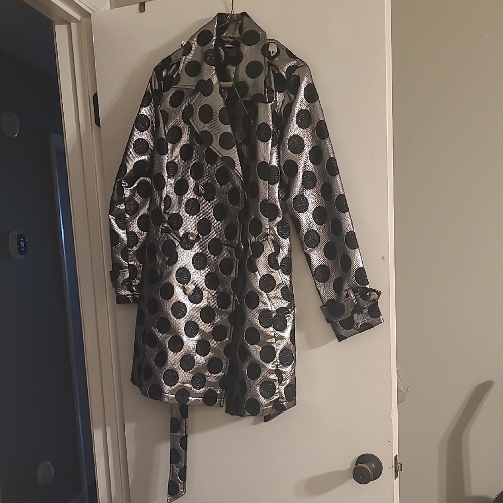 berek Metallic Silver Trench Coat with Black Polka Dots